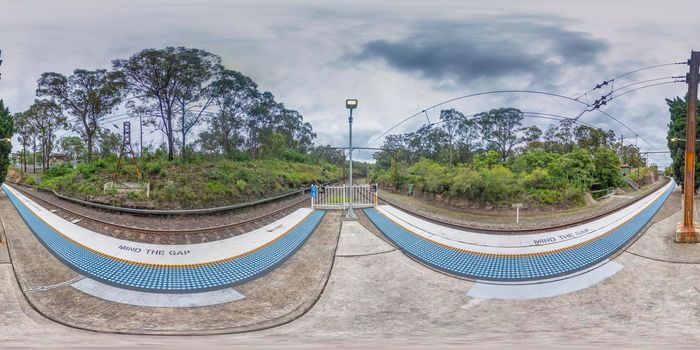 Spherical 360 panoramic photograph of the train station in Glenbrook in The Blue Mountains in regional New South Wales in Australia