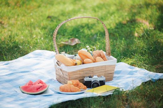 Picnic wattled basket with bread food and fruit, Ukulele, a retro camera on blue cloth in green grass garden with copy space at sunny summertime