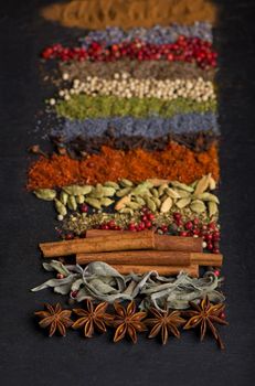 Powder spices on spoons in black wooden table background.