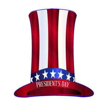 Red white and blue stars and stripes Uncle Sam tall hat with text Presidents Day