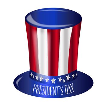 A top hat with a star spangled banner colors and stars over a white background and text Presidents Day