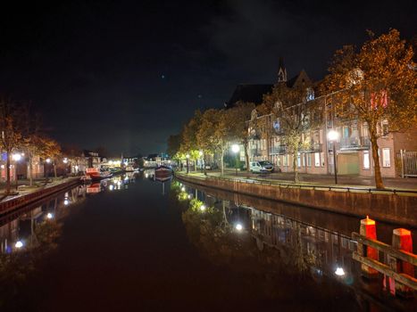 Canal at night in Sneek, Friesland, The Netherlands