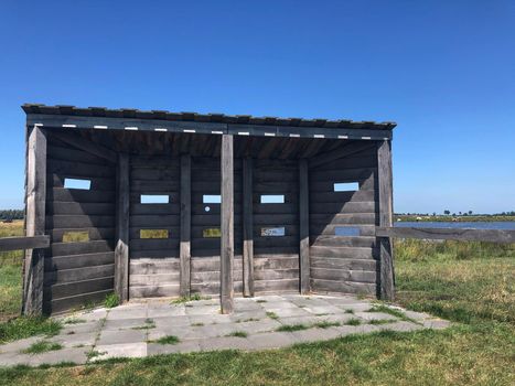 Bird watch hut at zwagermieden nature reserve in Friesland The Netherlands