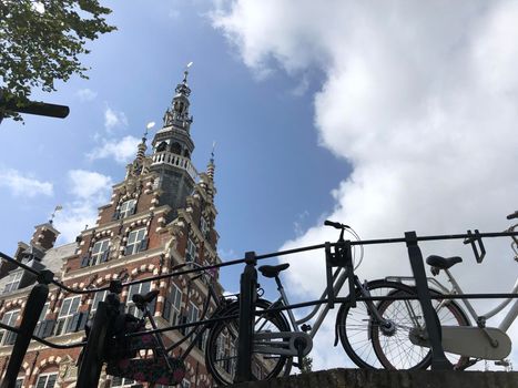 Bicycles on a bridge next to the city hall of Franeker, Friesland The Netherlands