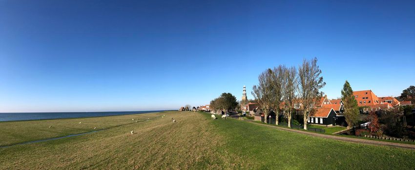 Panorama from the dyke around Hindeloopen during autumn in Friesland, The Netherlands