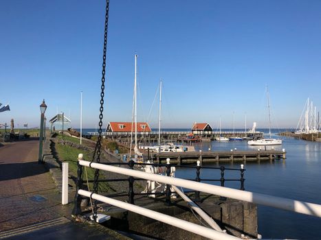 Harbor in Hindeloopen during autumn in Friesland, The Netherlands