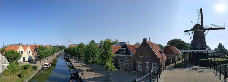 Panorama from a canal in Sloten, Friesland The Netherlands