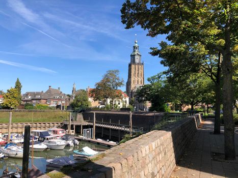 Harbor at the old town with the St. Walburgis Church in Zutphen, Gelderland The Netherlands