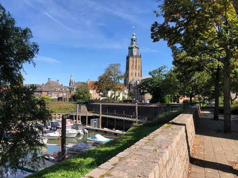 Harbor at the old town with the St. Walburgis Church in Zutphen, Gelderland The Netherlands