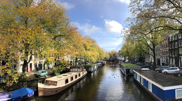 Panorama from a canal in Amsterdam, The Netherlands