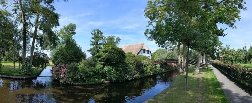 Panorama from a canal in Giethoorn Overijssel, The Netherlands
