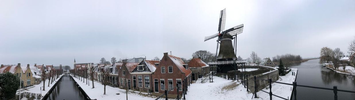 Panorama from the city Sloten during winter in Friesland