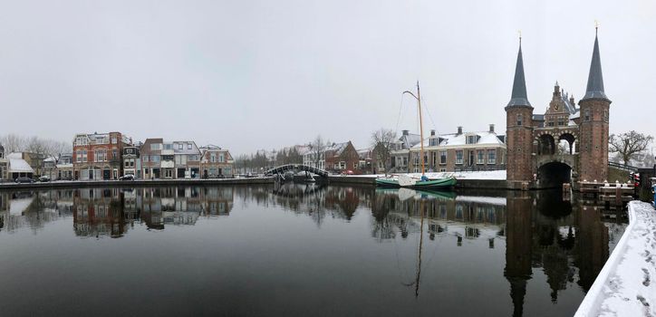 Panorama from the Watergate during winter in Sneek, The Netherlands