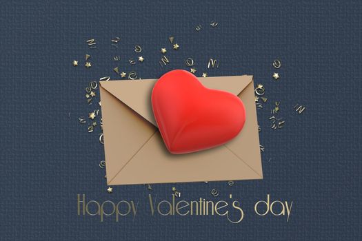 Happy Valentine's day with envelope red heart gold confetti gold text Happy Valentine's day. 3D render