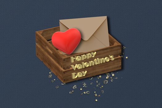 Valentines day background. red heart, envelope in wooden box, text Happy Valentine's day. 3D render