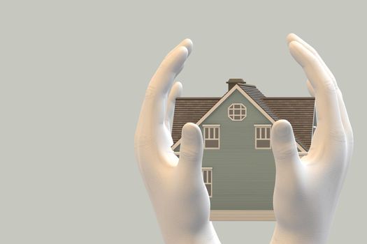 House in hands. Property protection, cost saiving concept. Place for text, 3D illustration
