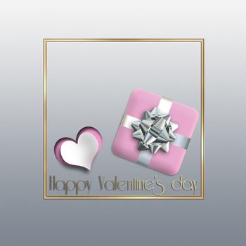 Pink Valentines card, pink gift box paper heart. Text Happy Valentine's day. Romantic love design. 3D rendering