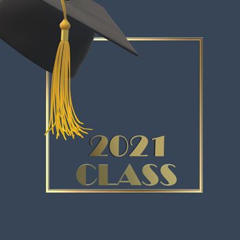 Graduation 2021 class. Graduation cap with tassel, text 2021 class. 3D render