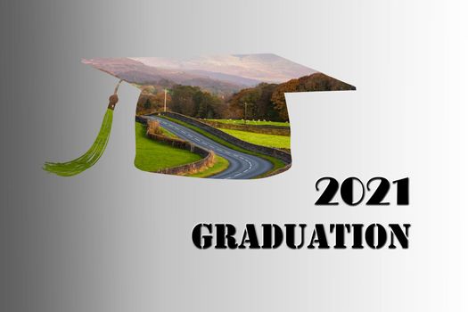 Graduation 2021 cap. Landscape in shape of cap. Class of 2021 year. Education concept. 3D illustration