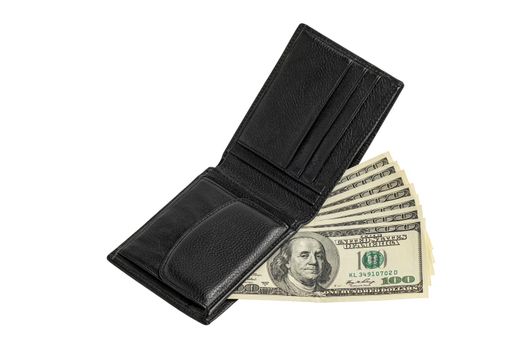 Wallet with banknotes. Paper money in wallet isolated on white background. National currency of the USA.