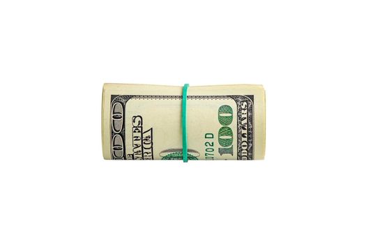 Money in a roll tied with an elastic band. The isolated object on a white background. Close up photo of money. U.S. dollars. Banknotes. Paper money isolated on white background.
