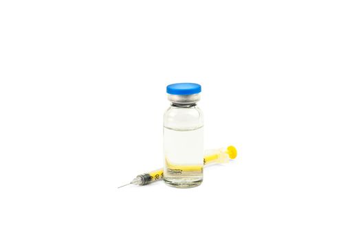 Medical glass vial and syringe for vaccination. Medical vial for injection. The isolated object on a white background with a shadow.
