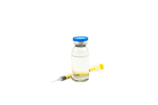 Medical glass vial and syringe for vaccination. Medical vial for injection. The isolated object on a white background.