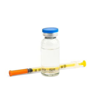 Medical syringe for injection for patients with diabetes mellitus. Insulin in vial and hypodermic syringe isolated on white background.