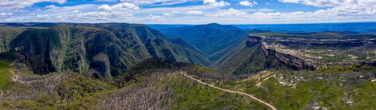 Aerial panorama of Kanangra Walls and Mount Cloud Maker in Kanangra-Boyd National Park in the Central Tablelands in regional New South Wales Australia
