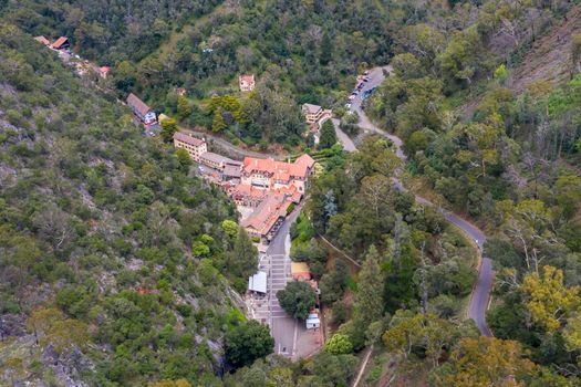 Aerial view of the Jenolan Caves village and bushfire forest regeneration in the Central Tablelands in regional New South Wales in Australia