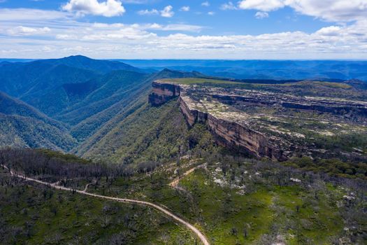 Aerial view of Kanangra Walls and valley in Kanangra-Boyd National Park in the Central Tablelands in regional New South Wales Australia