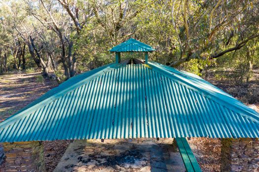 Aerial view of a picnic shed and table in the forest in regional Australia