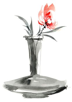Watercolor and ink illustration of red flowers in vase. Oriental traditional painting in style sumi-e, u-sin and gohua. Design element for greeting card, invitation or cover.