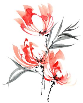 Watercolor and ink illustration of red flowers bouquet with leaves. Oriental traditional painting in style sumi-e, u-sin and gohua. Design element for greeting card, invitation or cover.