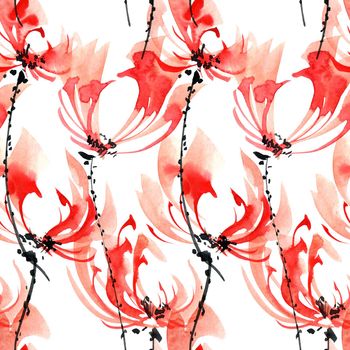 Watercolor and ink illustration of red flowers. Oriental traditional painting in style sumi-e, u-sin and gohua. Seamless pattern.