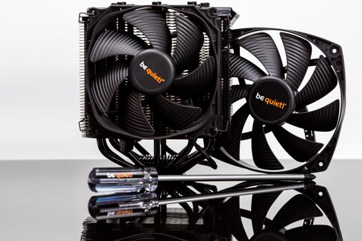 Moscow, Russia - 25 Dec 2020: Brand new clean black CPU air cooler with huge radiators. PC cooling, high end cooling oc system