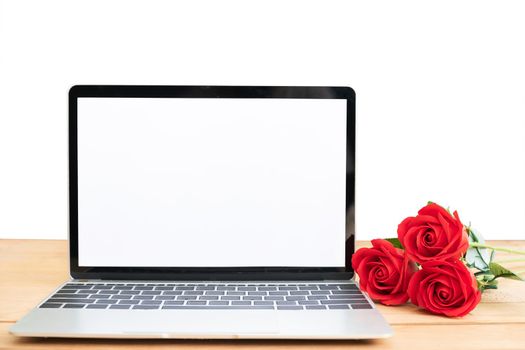 Red rose and laptop mockup on white background, Valentine concept