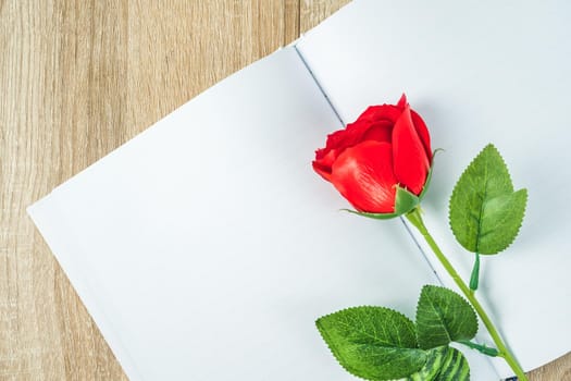 Top view shot of  empty blank notebook diary and red roses on wood table,Valentine concept