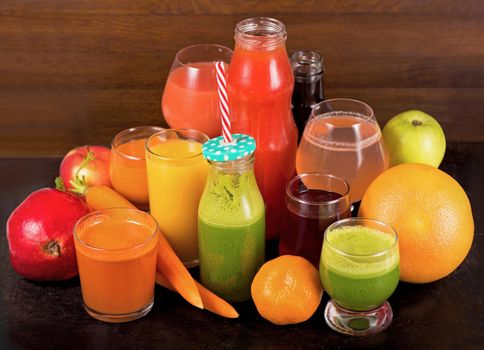 Various freshly squeezed fruits and vegetables juices