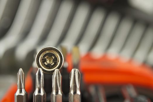 Set of interchangeable screwdriver heads with screw resting on top in selective focus