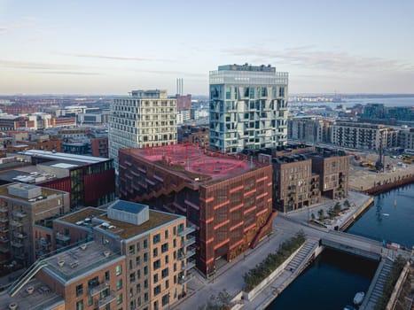 Copenhagen, Denmark - April 07, 2020: Aerial drone view of Konditaget Luders, a recreational space on top of a multi-storey car park.