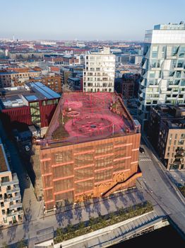 Copenhagen, Denmark - April 07, 2020: Aerial drone view of Konditaget Luders, a recreational space on top of a multi-storey car park.