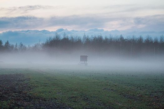 A landscape in the evening with fog and sunset