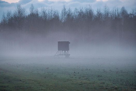 A landscape in the evening with fog and sunset