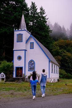 Vancouver Island, Canada, Quadra Island old historical church by the harbor at Cape Mudge, a couple on vacation at Vancouver Island. Canada