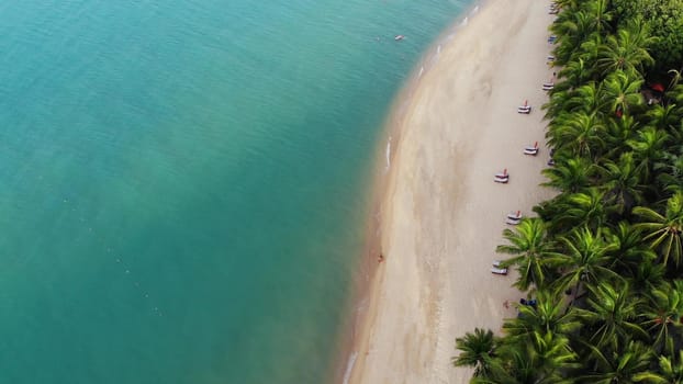 Blue lagoon and sandy beach with palms. Aerial view of blue lagoon and sun beds on sandy beach with coconut palms and roof bungalows