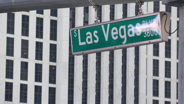 Fabulos Las Vegas, traffic sign on The Strip in sin city of USA. Iconic signboard on the road to Fremont street in Nevada desert. Symbol of casino money playing, betting and hazard in gaming area.