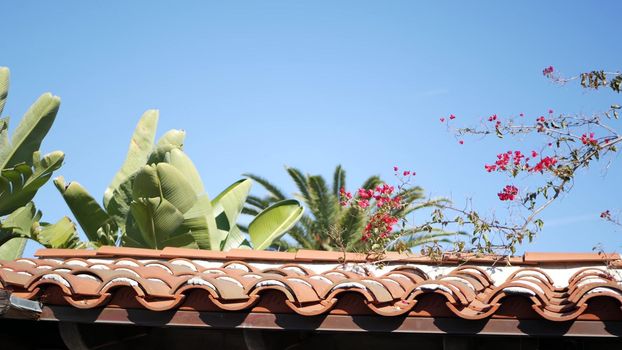 Mexican colonial style suburban, hispanic house exterior, green lush garden, San Diego, California USA. Mediterranean terracotta ceramic clay tile on roof. Rustic spanish tiled rooftop. Rural details.