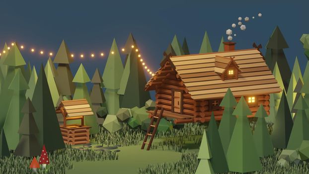 Wooden house from magical fairy tale in forest. 3D illustration of surreal Baba Yaga hut on chicken legs in wood. Supernatural rustic cottage model. Slavic folklore, russian mythology. Graphic design.