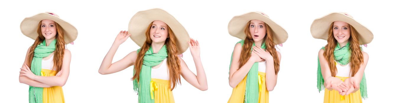 Young woman in yellow summer dress isolated on white